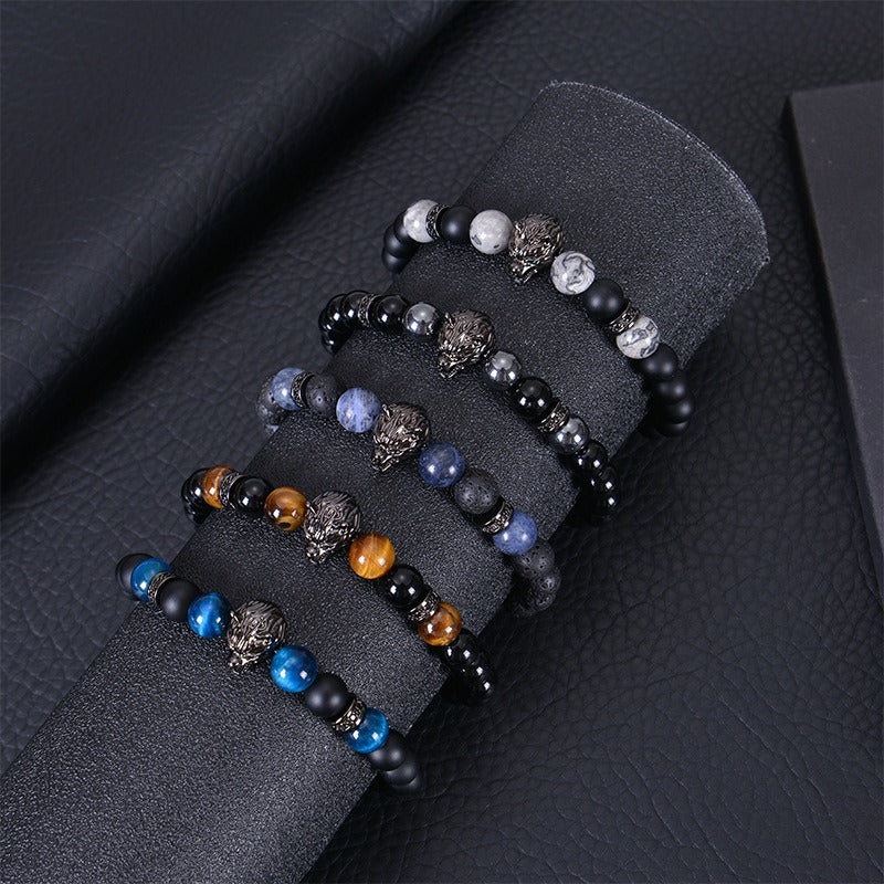 8mm Blue Tiger Eye Bracelet Men's Wolf Head bracelet micro-inset zircon-Bring wealth and vitality