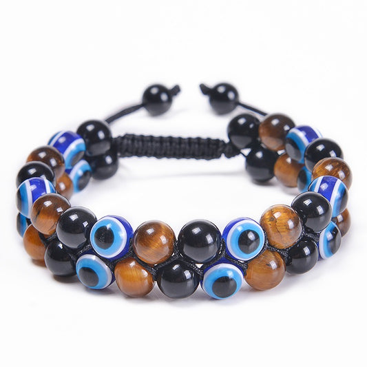 Evil Eye Tiger's Eye and Hematite Double-Layer Braided Bracelet with Natural Stones