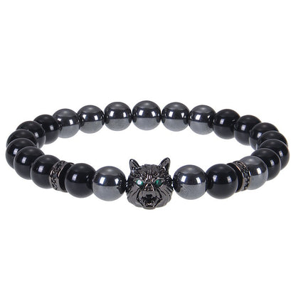 8mm Blue Tiger Eye Bracelet Men's Wolf Head bracelet micro-inset zircon-Bring wealth and vitality