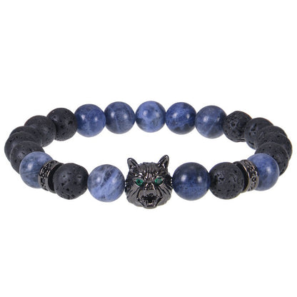 8mm Blue Tiger Eye Bracelet Men's Wolf Head bracelet micro-inset zircon-Bring wealth and vitality