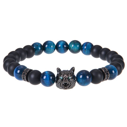 8mm Blue Tiger Eye Bracelet Men's Wolf Head bracelet micro-inset zircon-Bring wealth and vitality