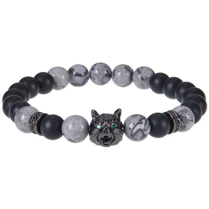 8mm Blue Tiger Eye Bracelet Men's Wolf Head bracelet micro-inset zircon-Bring wealth and vitality