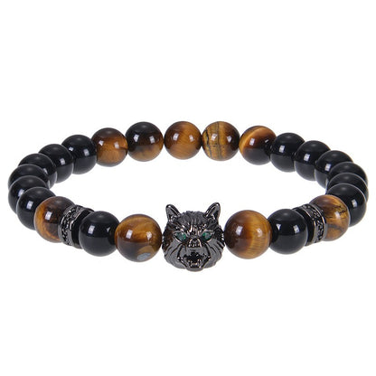 8mm Blue Tiger Eye Bracelet Men's Wolf Head bracelet micro-inset zircon-Bring wealth and vitality